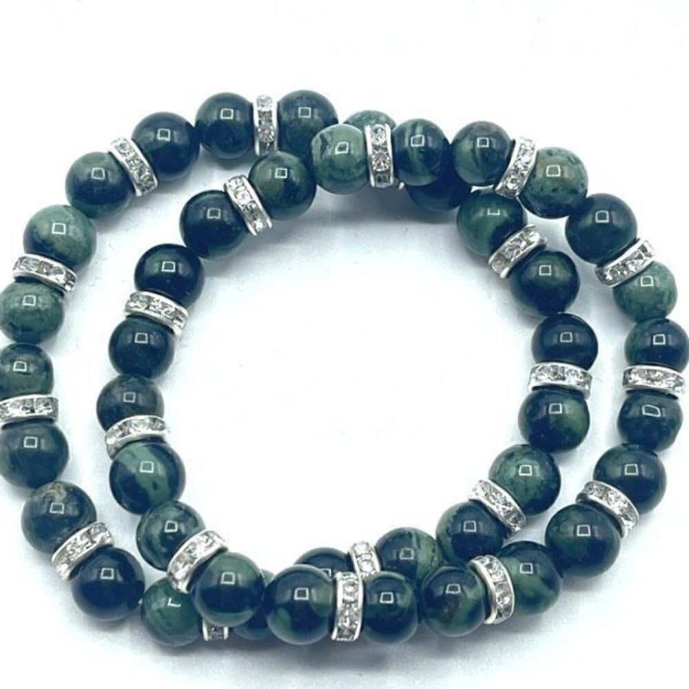 Kambaba jasper green black rhinestone bling beaded stretch bracelet ONE NEW crys